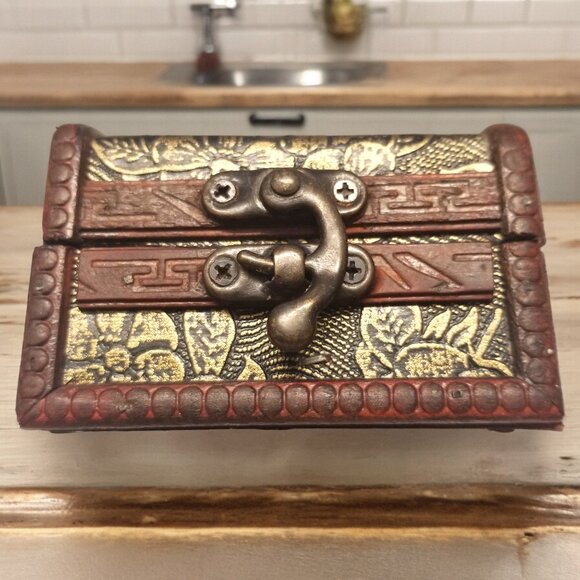 Wooden Treasure Chest Box W/Bronze Color Floral Antique Style Spiritual God Box - Picture 3 of 16